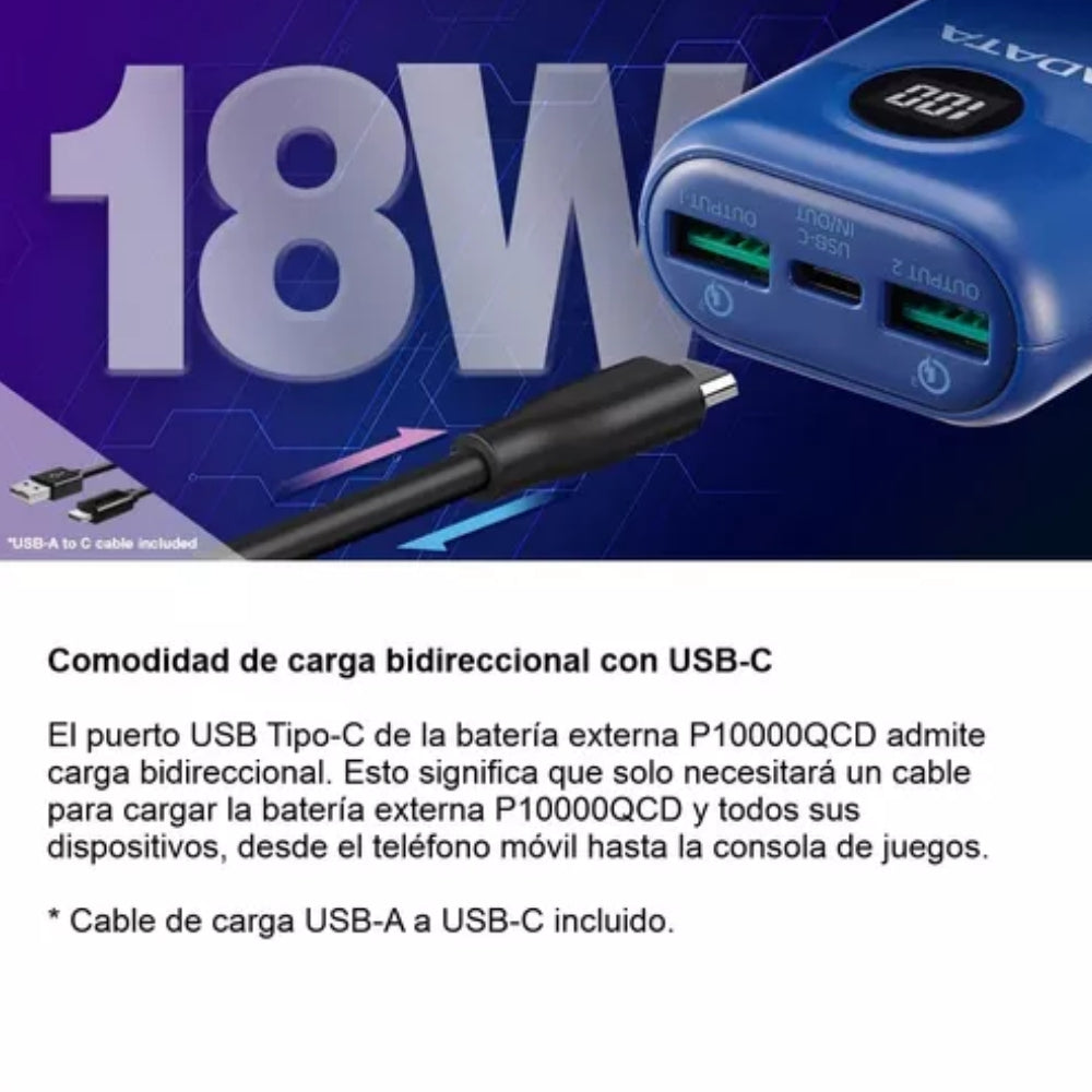 Adata P10000qcd Power Bank 10000mah Multi Carga Rápida USB-C